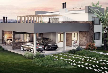 Casa de arquitectura moderna con líneas rectas, grandes ventanales y diseño minimalista contemporáneo